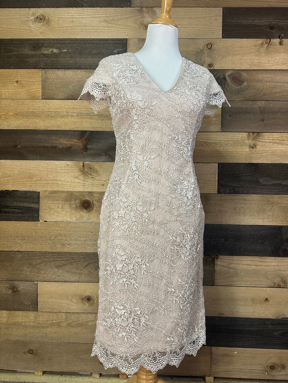 CALVIN KLEIN Champagne V-Neck Lace Cocktail Dress Sheath Special Occasion Size 6